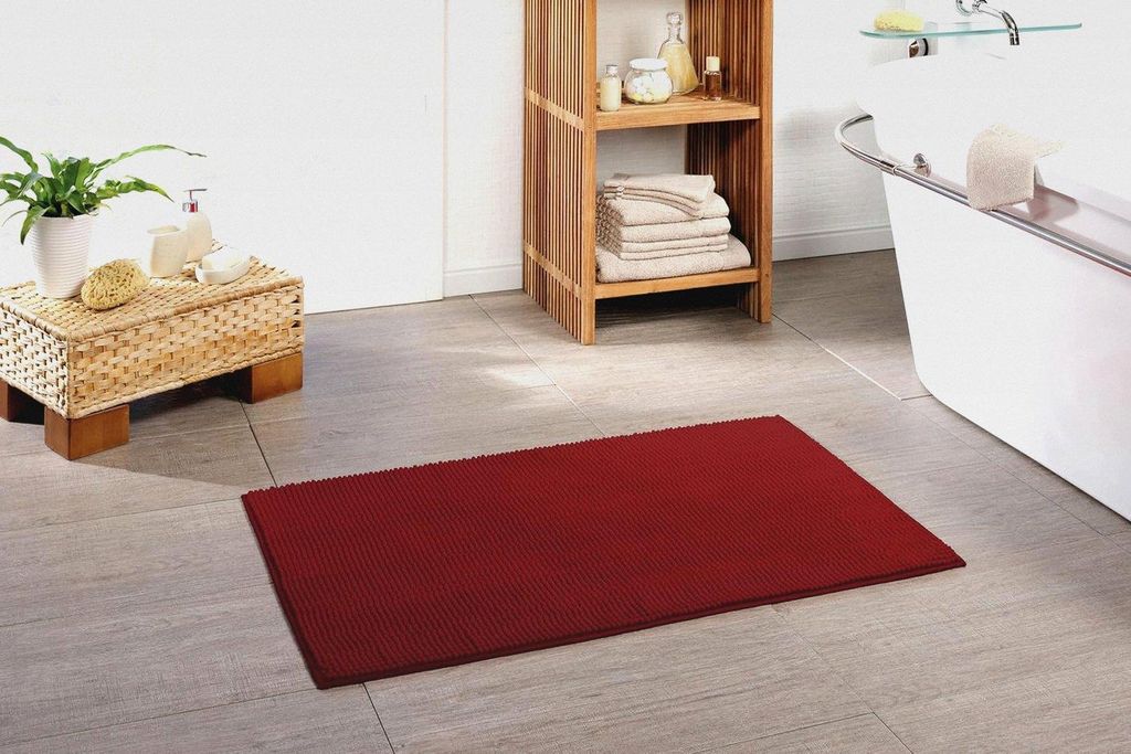 Badteppich, 100% Polyester - Mikrofaser, Serie Chile, 50 x 70 cm, 30 Grad waschbar, Fußbodenheizung geeignet, Farbe: Bordeaux