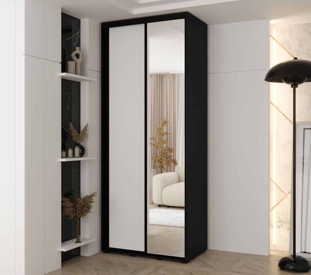 MINIO go for it, Kleiderschrank VADO, 110x235,2x60 cm, 2 Schiebetüren (1 Spiegel), 6 Einlegeböden, 2 Metallstangen, Schwarz/Weiß matt