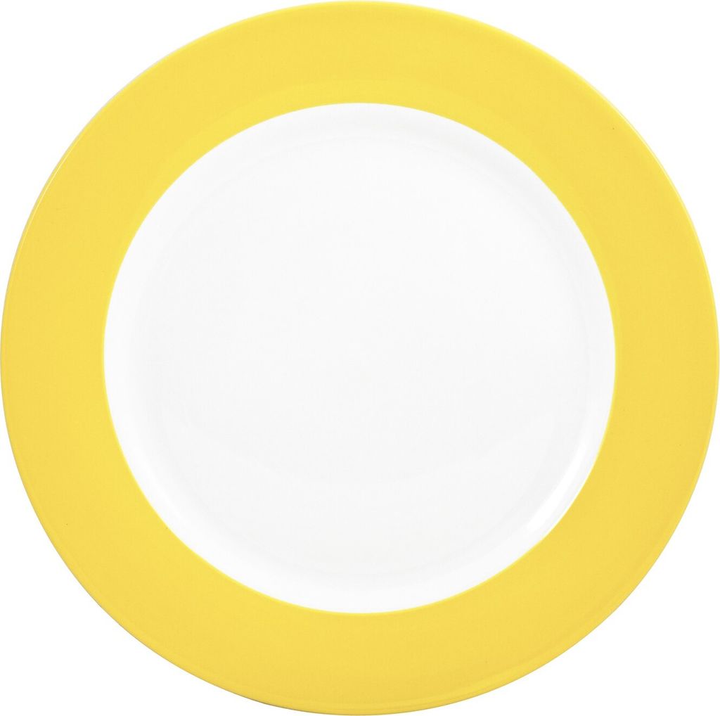 A single yellow and white plate shown from a top-down view against a white background.