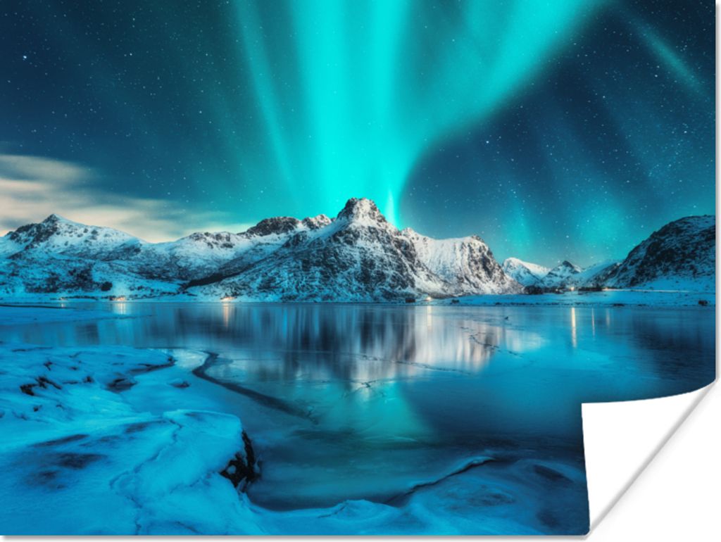 MuchoWow Poster Nordlicht - Eis - Schnee - Norwegen - Blau - Berge 120x90 cm - Wandbild