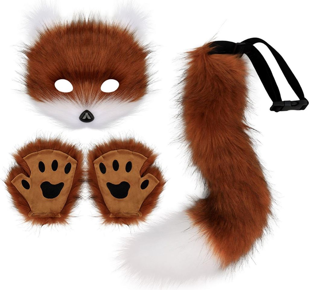 Furry Therian Kostüm-Set für Mädchen und Frauen, Kunstpelzschwanz, Plüschmaske, flauschige Pfotenhandschuhe, Set, Fuchs, Katze, Wolf, Tier, Cos...