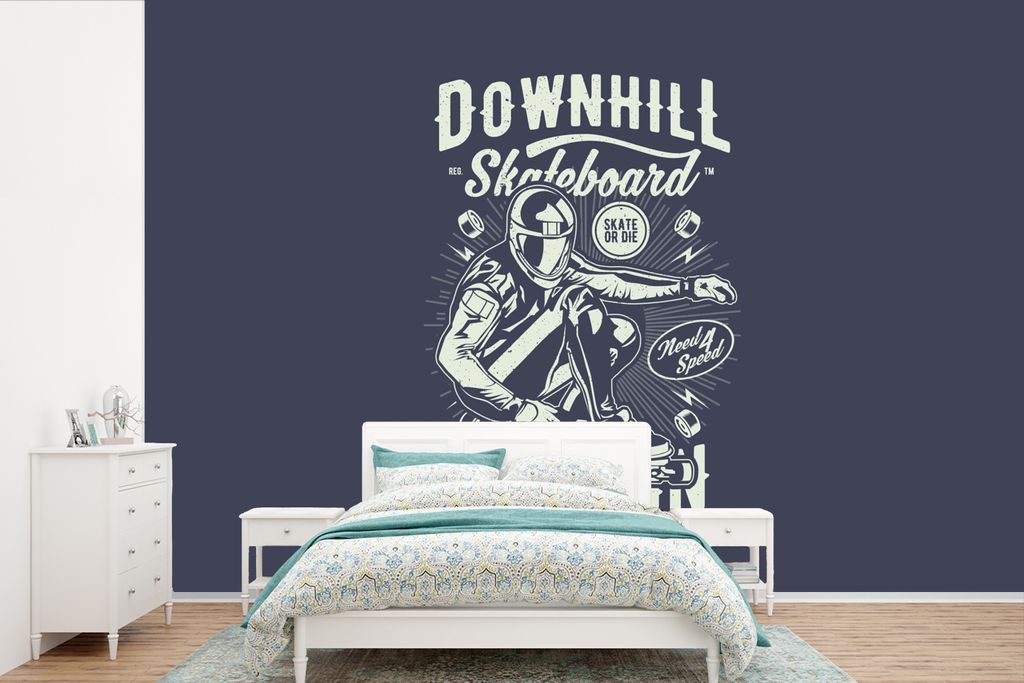 MuchoWow Fototapete für Wohnzimmer oder Schlafzimmer Wandtapete Vinyl Motivtapete Skateboard - Helm - Retro - 450x300 cm - Gemusterte