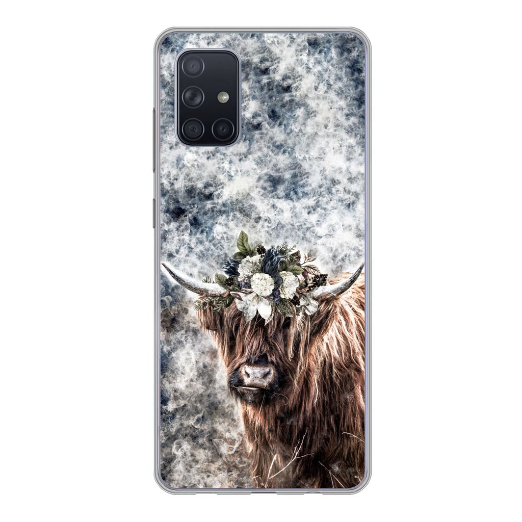 MuchoWow Handyhülle Schutzhülle Hülle für Samsung Galaxy A51 5G Schottischer Highlander - Rauch - Blumen Silikon Softcase Handy Hülle - Abbi...