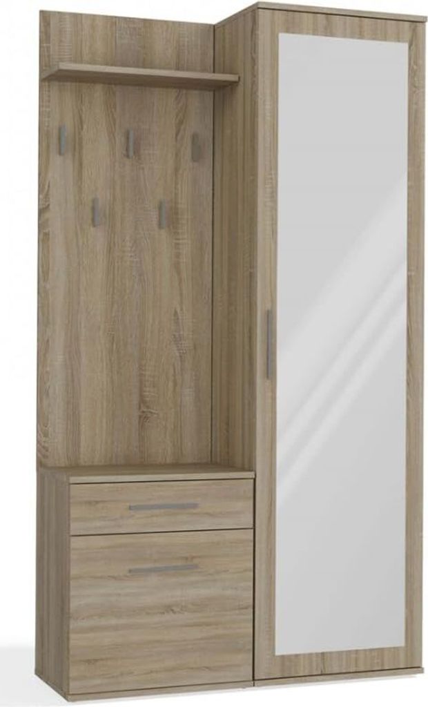 A tall, narrow wardrobe with a full-length mirror on the right side and coat hooks and drawers on the left.