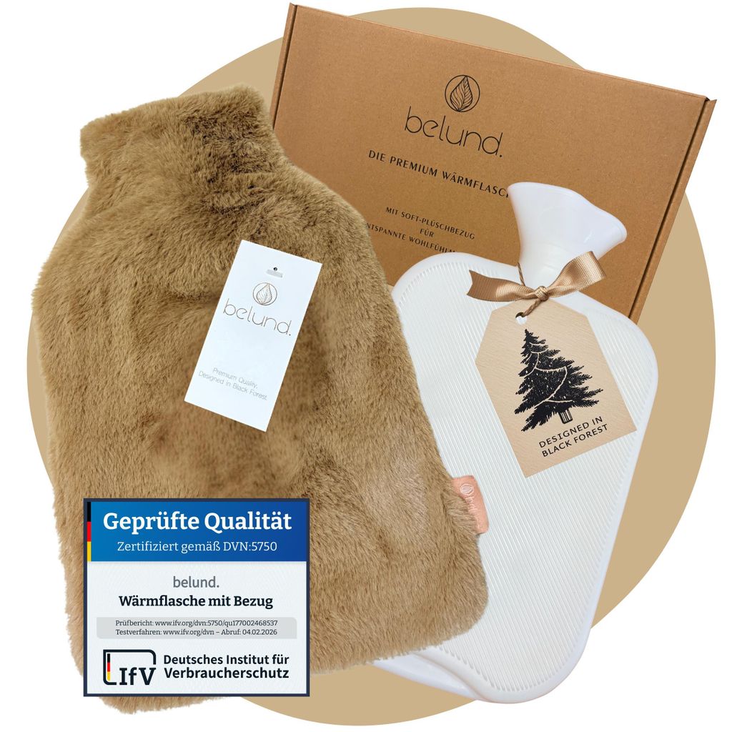 Wärmflasche mit flauschigem Bezug 1,8 L – Auslaufsicher & BPA-frei – Weiche Bettflasche mit Geschenkverpackung Caramel braun