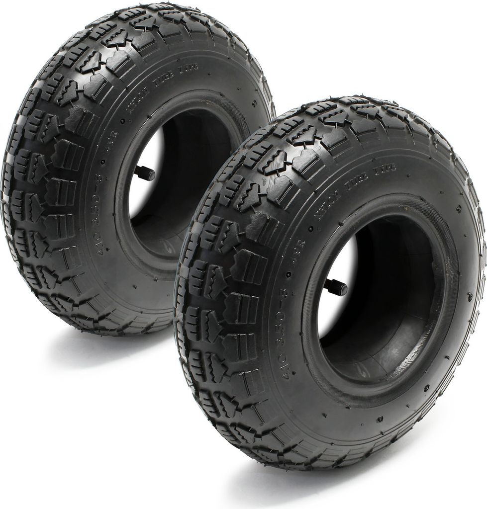 Wiltec 2x Reifenmantel 2x Schlauch für Aufsitzmäher/Rasentraktor 11x4.00-4 4PR Winkelventil