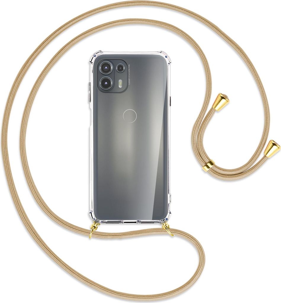 Handykette Backcover-Schutzhülle mit Band (Metall goldfarben) für Motorola Edge 20 Lite (XT2153-1) - caramel