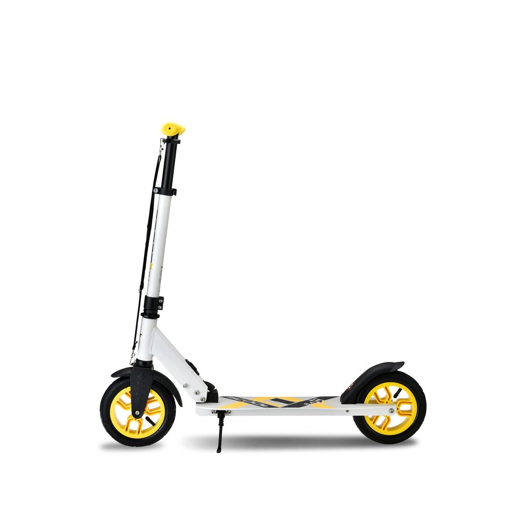 A white and yellow scooter is shown against a white background.