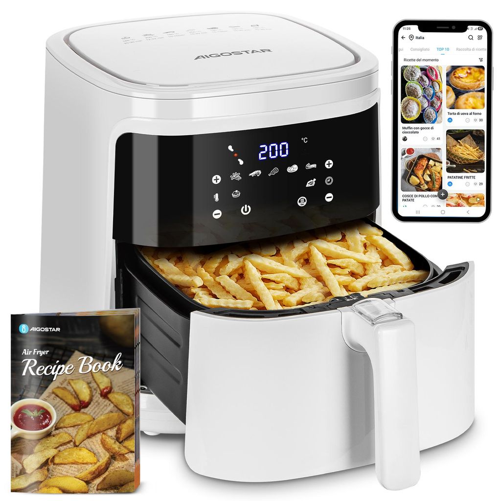 Aigostar - Air Fryer 7L 1900W, 5-in-1 ölfreie Fritteuse, 7 voreingestellte Funktionen mit LED-Bildschirm