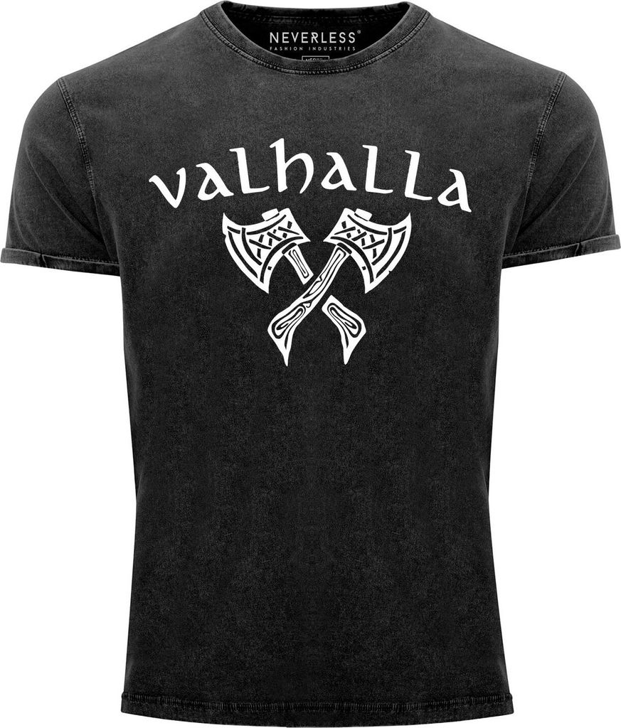 Herren Vintage Shirt Valhalla Axt nordische Mythologie Wikinger Krieger Printshirt T-Shirt Aufdruck Neverless schwarz M