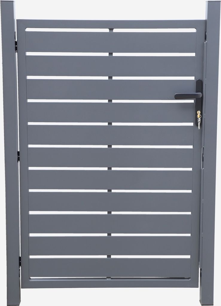 A gray aluminum garden gate with a black handle and a key.