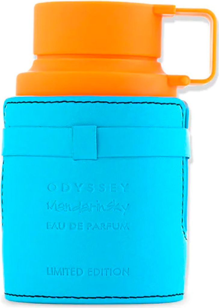 A close-up shot of a perfume bottle with an orange cap and a blue leather-like casing.