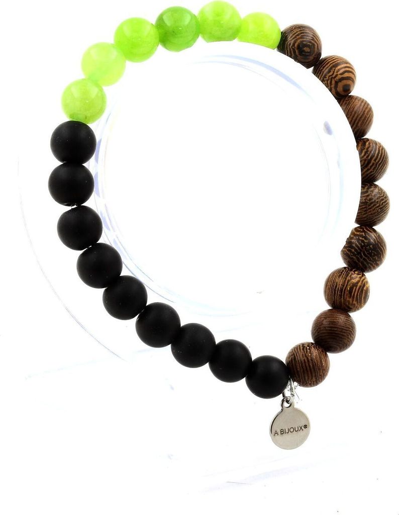 Armband Peridotperlen + Mattschwarzer Onyx + Holz 8 mm
