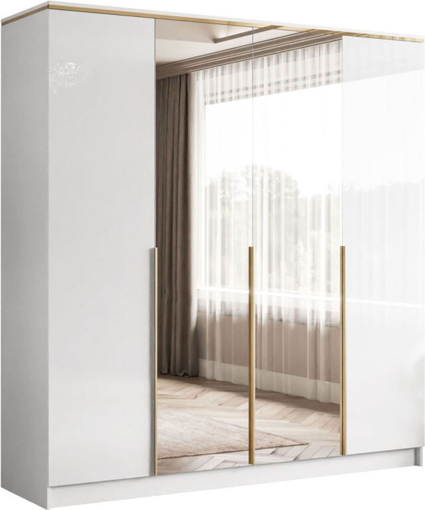 Drehtürenschrank mit Spiegel AURORA 4D mit Gold Chrom Griffe - Hochglanz Weiß