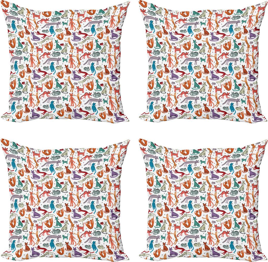ABAKUHAUS Katzen Kissenbezug Set (4 Stück), Bunte Sketch Zusammensetzung, Moderner Doppelseitiger Digitaldruck, 40 cm x 40 cm, Mehrfarbig