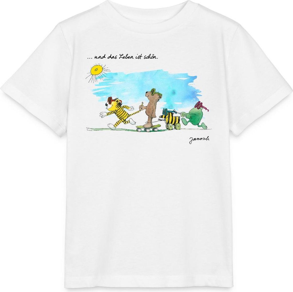 Spreadshirt Janosch Tiger Und Freunde Das Leben Ist Schön Kinder Basic T-Shirt, 122/128 (7-8 Jahre), Weiß
