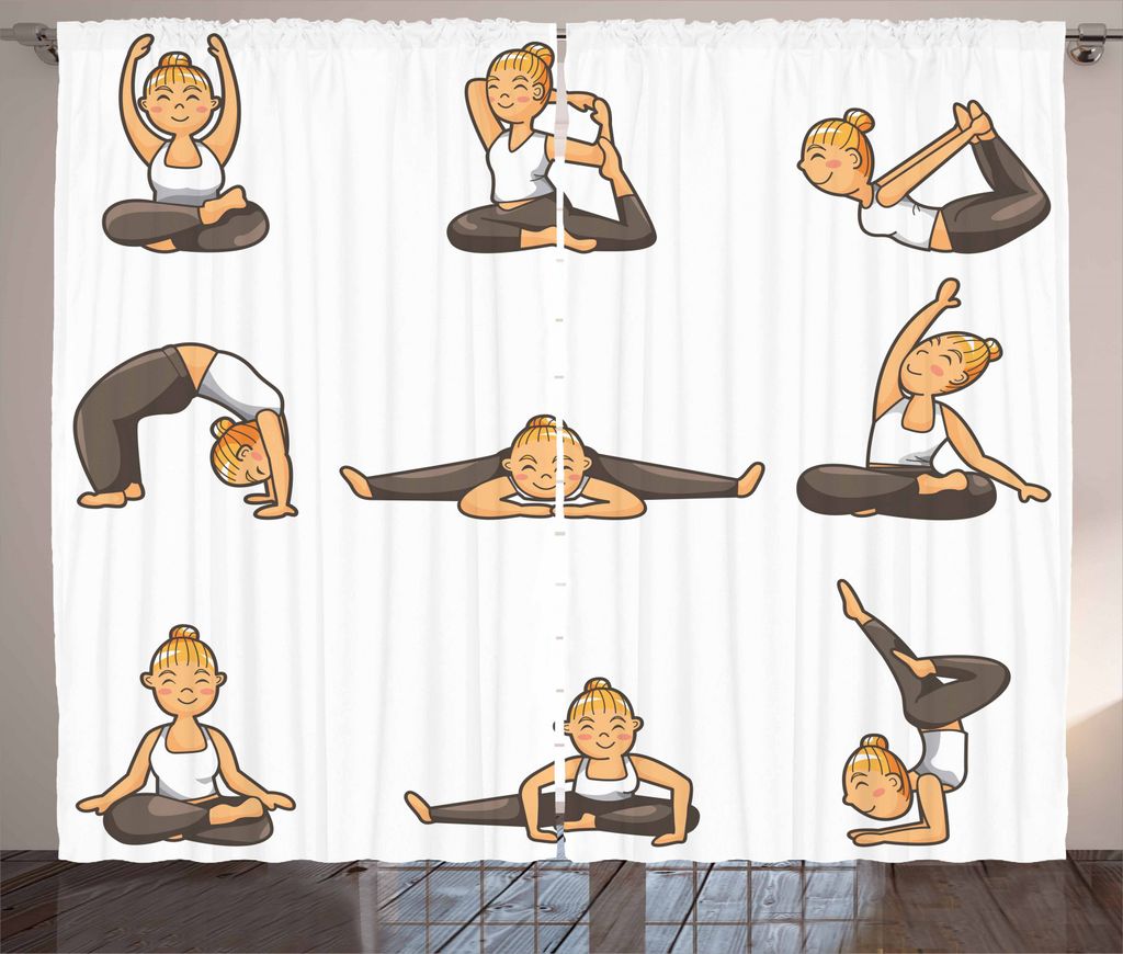 ABAKUHAUS Yoga Rustikaler Vorhang, Mädchen Positionen Aerobic, Wohnzimmer Universalband Gardinen mit Schlaufen und Haken, 280 x 245 cm, Mehrfarbig