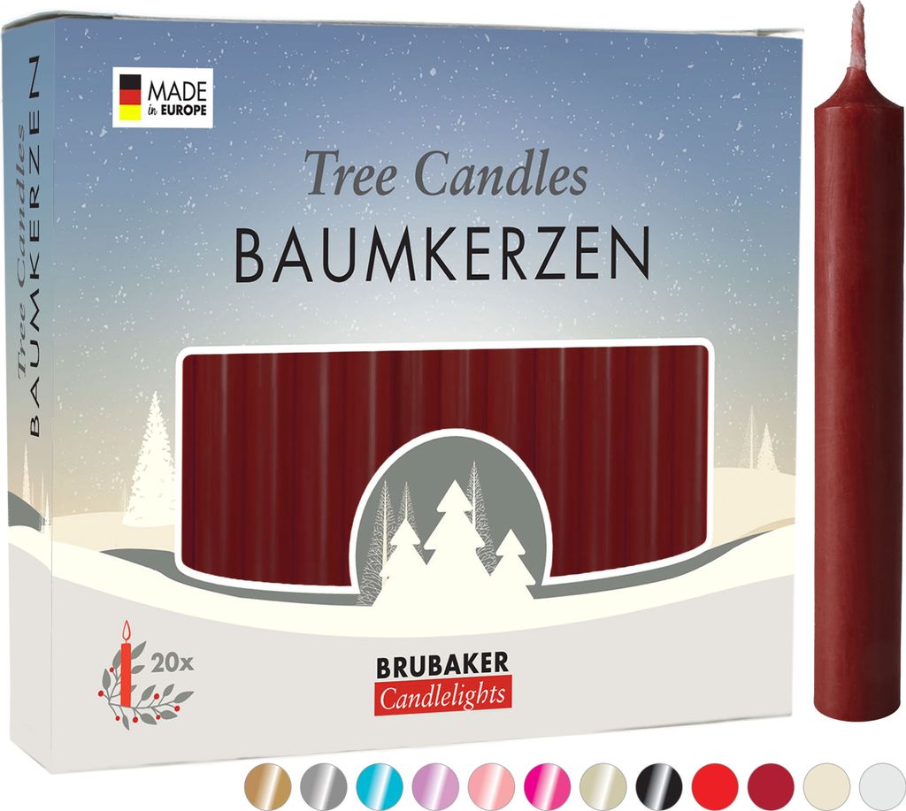 BRUBAKER Baumkerzen Wachs - Weihnachtskerzen für Weihnachtspyramiden und Schwibbögen - Pyramidenkerzen Christbaumkerzen, 100 Stück, Dunkelrot