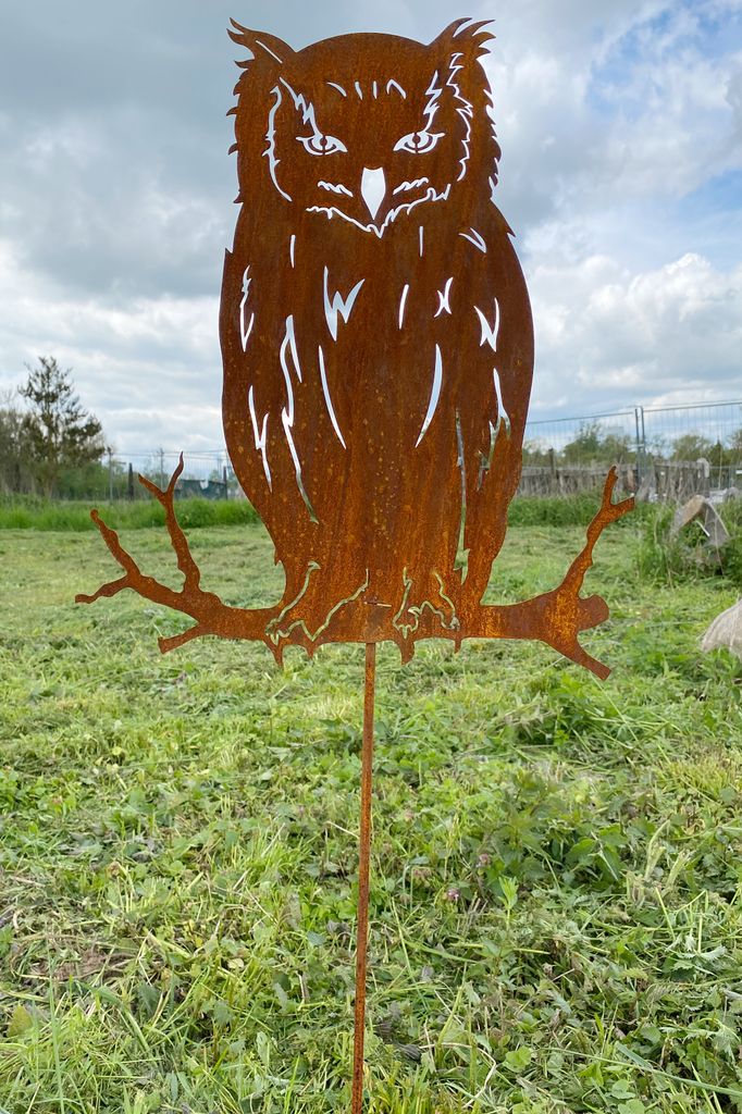 Eule auf Ast sitzend 50x43cm + Stab Edelrost Gartenstecker Rost Metall Rostfigur Uhu