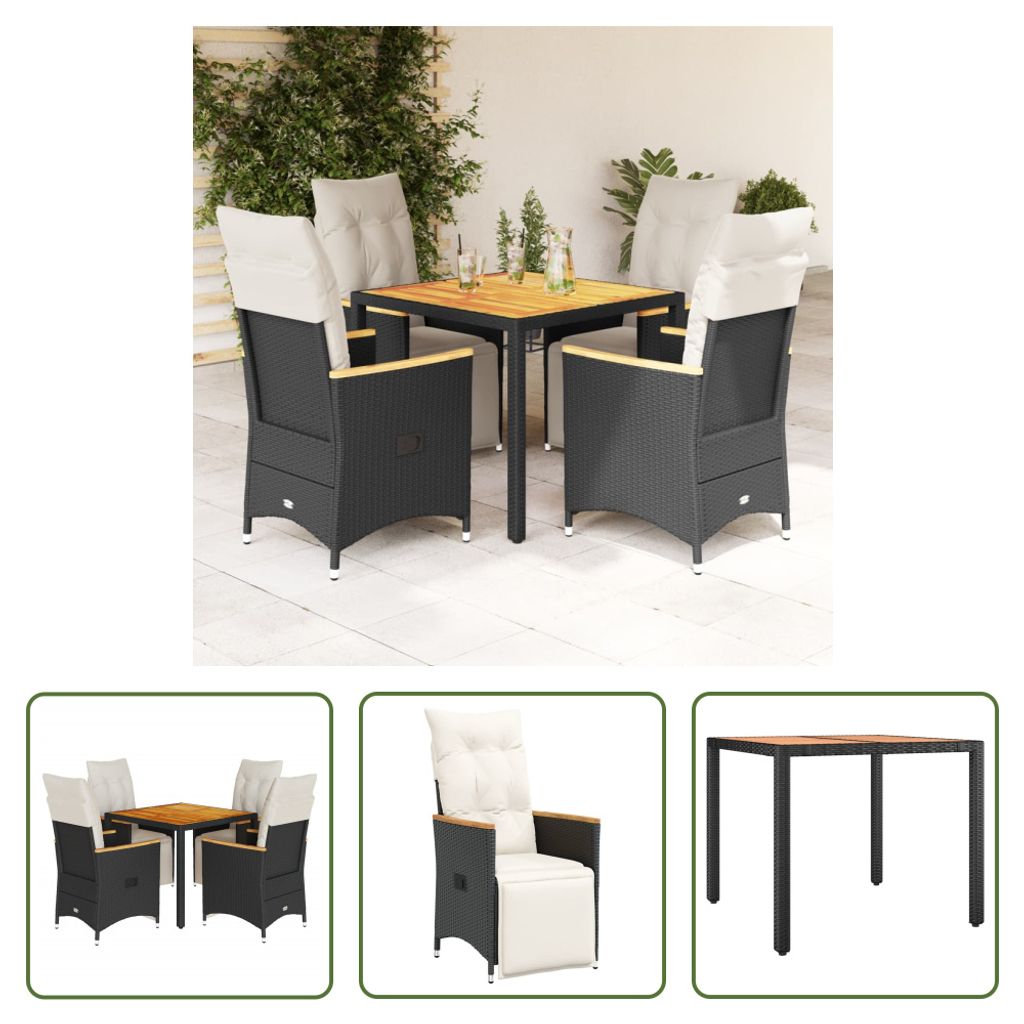 The Living Store 5-tlg. Garten-Bistro-Set mit Kissen Schwarz Poly Rattan