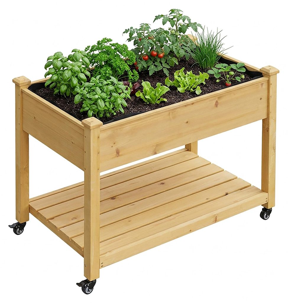 Relaxdays Hochbeet, Rollen, Ablage, HxBxT: 84 x 105 x 56,5 cm, Garten, Balkon & Terrasse, Pflanztisch, Tannenholz, natur