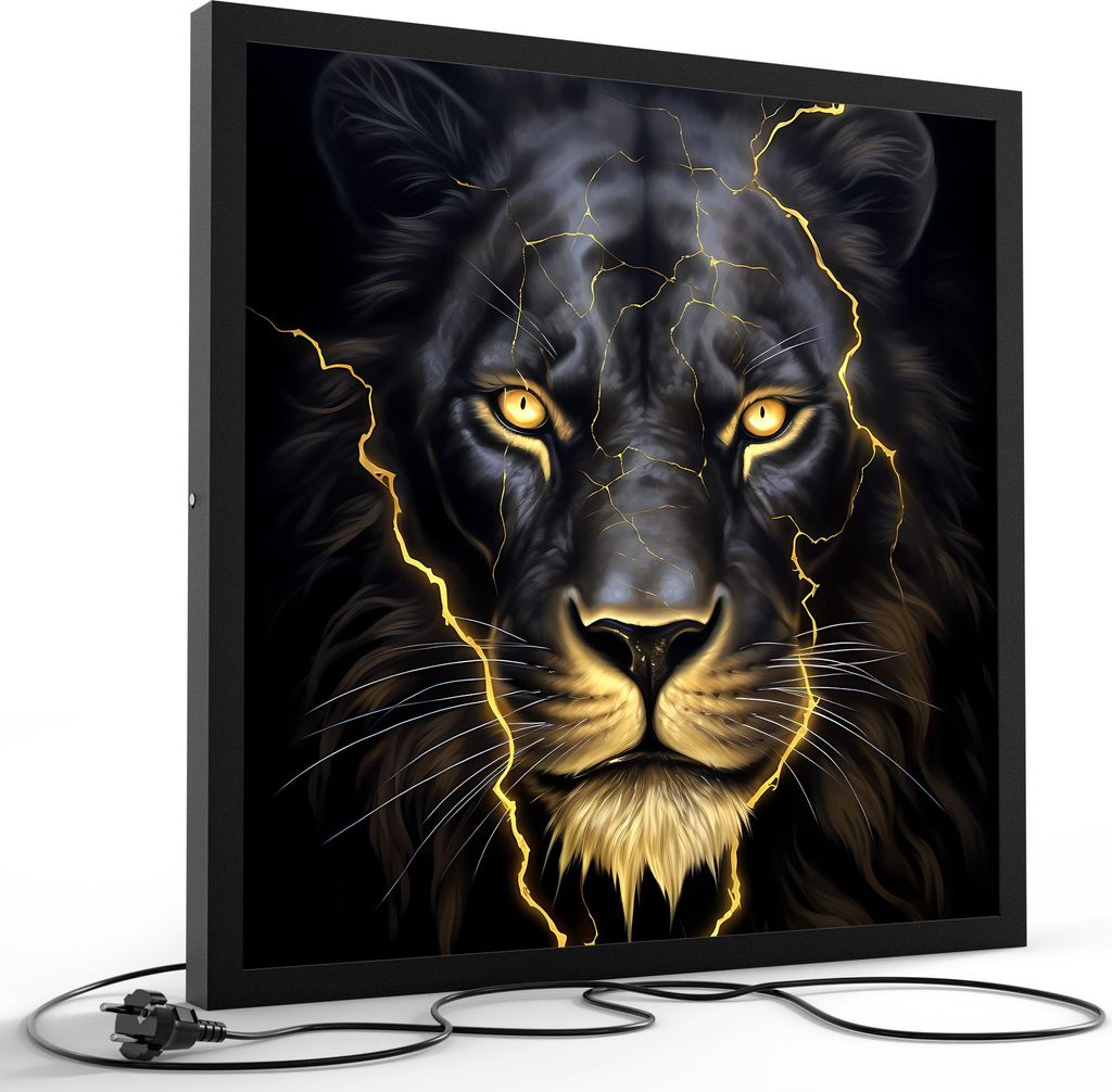 DEQORI LED-Bild & Lampe 60x60 cm Schwarz 'Blitze in der Mähne' Leuchtbild LED Leuchte