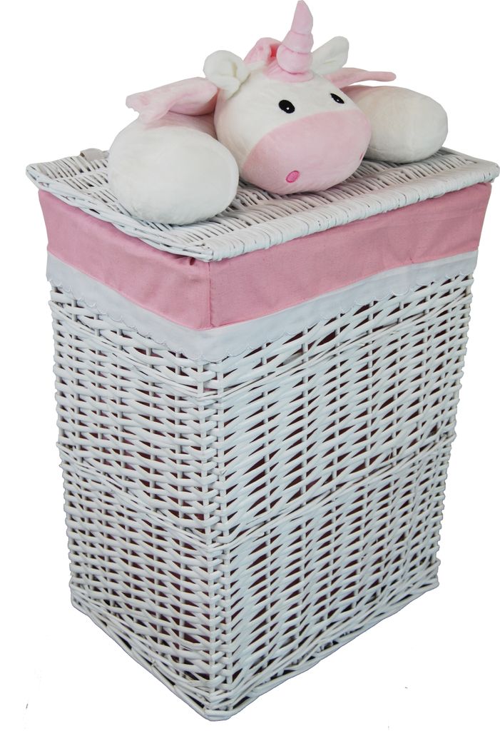 A white wicker laundry basket with a pink fabric liner and a plush unicorn toy on top.
