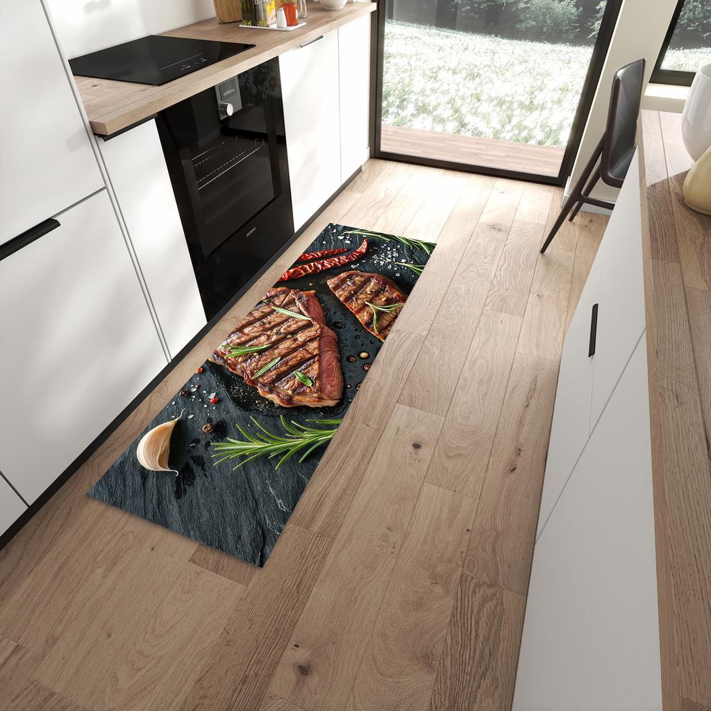 Küchenteppich 60x180cm rutschfest & abwischbar PVC Läufer - Steak von Gegrilltes