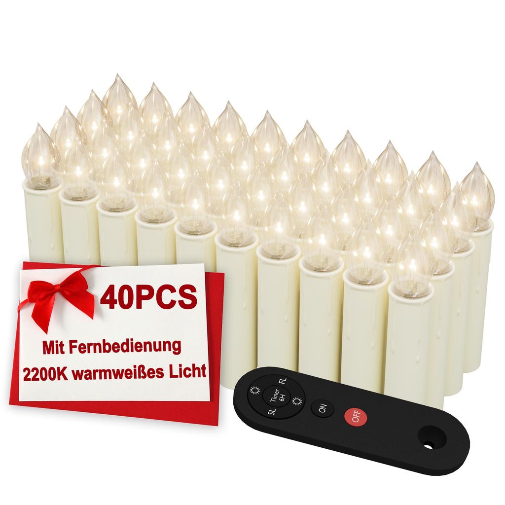 FIVMEN Kabellose LED Christbaumkerzen 40er Set, Elektrische Kerzen mit Fernbedienung und Timer, Weihnachtsbaum LED Kerzen Elfenbeinweiß, Christmas...
