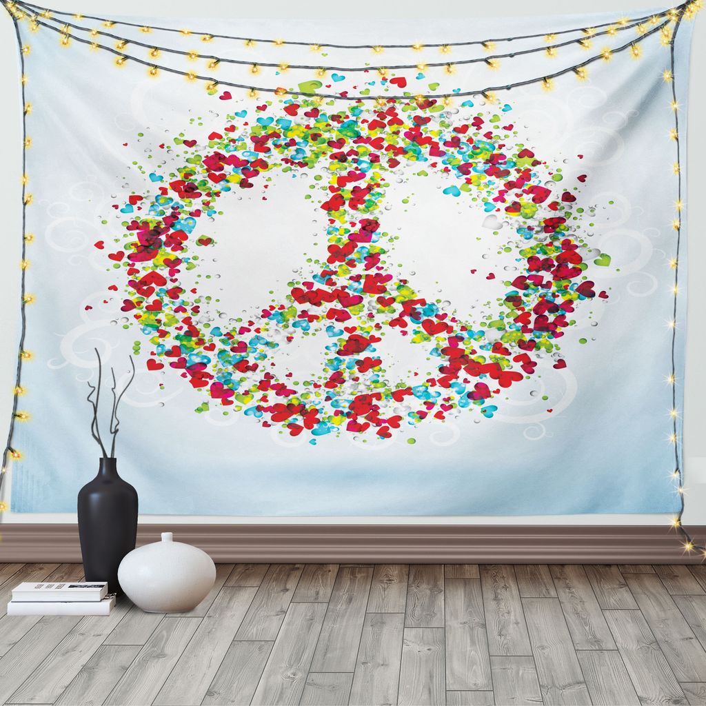 ABAKUHAUS Bunt Wandteppich, Friedenszeichen mit Herzen, Wohnzimmer Schlafzimmer Heim Seidiges Satin Wandteppich, 200 x 150 cm, Mehrfarbig