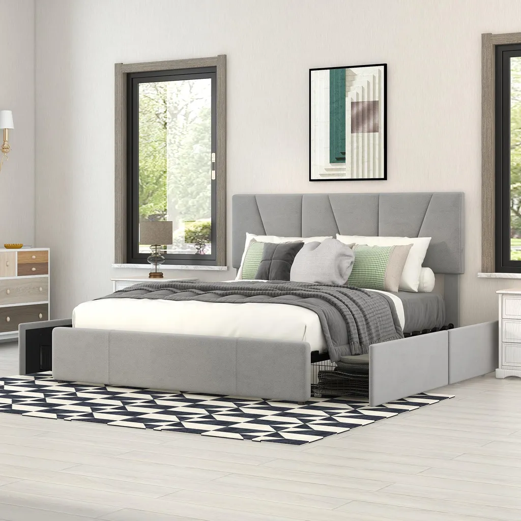 Lit double rembourré gris 140 x 200 cm avec 4 tiroirs de rangement et sommier