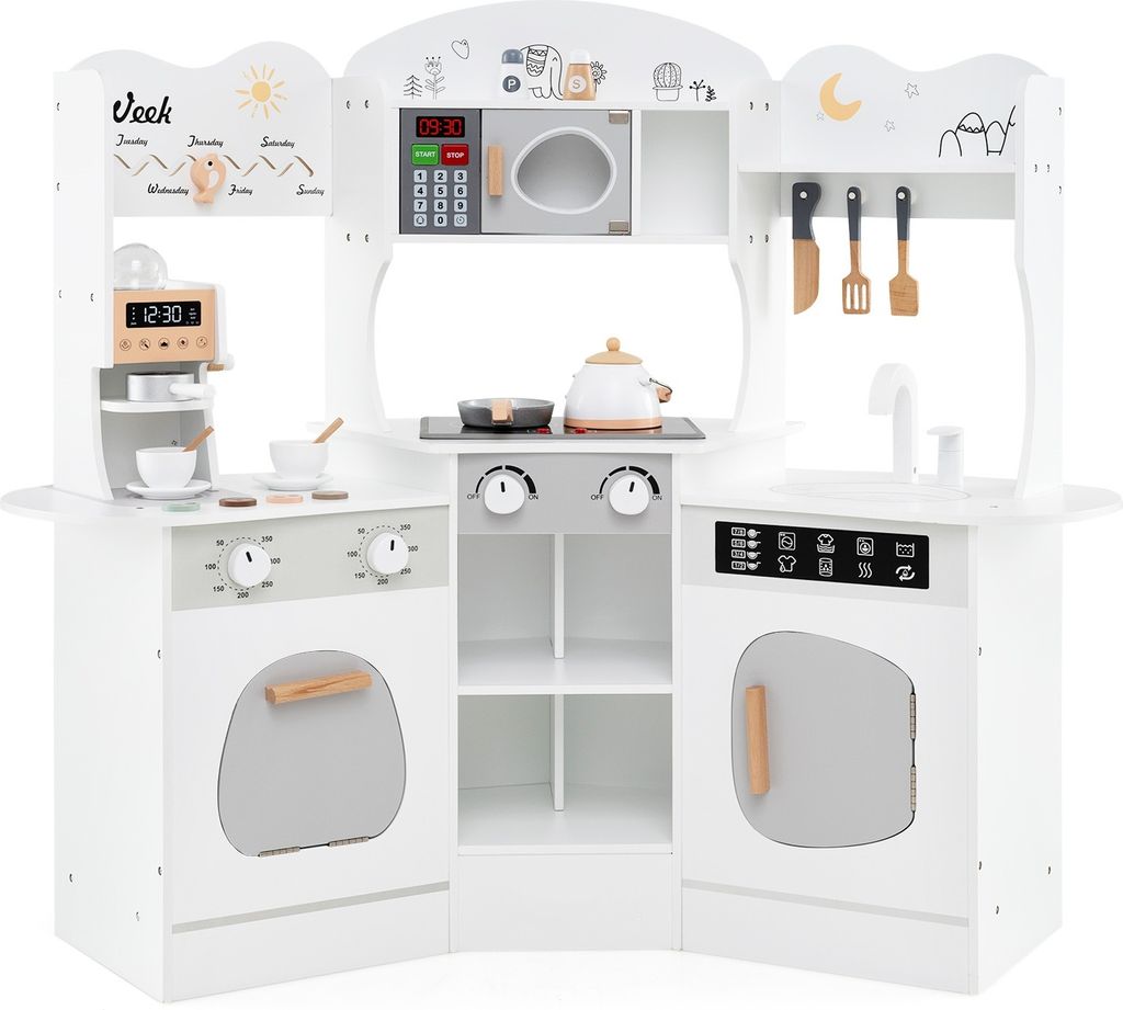 DREAMADE Eckküchen-Spielset, hölzerne Spielküche für Kinder mit Kaffeemaschine, Ofen, Mikrowelle, Waschmaschine & Zubehör, ab 3 Jahren (Weiß)
