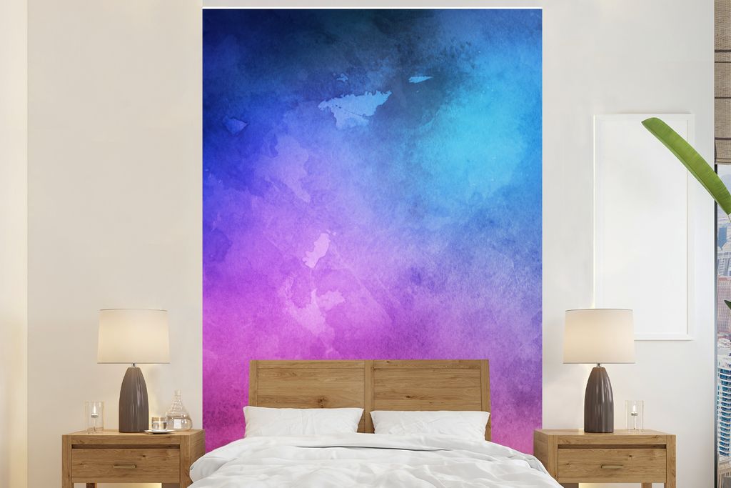 MuchoWow Fototapete für Wohnzimmer oder Schlafzimmer Wandtapete Vinyl Motivtapete Aquarell - Lila - Blau - Abstrakt - 200x300 cm - Wanddekorationen