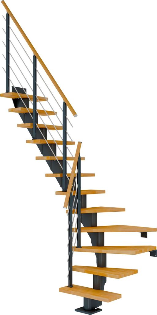 Dolle Mittelholmtreppe Frankfurt 1/4 gewendelt Buche, geölt 65 cm breit für GH 222 – 258 cm UK Metall Anthrazit mit Geländer
