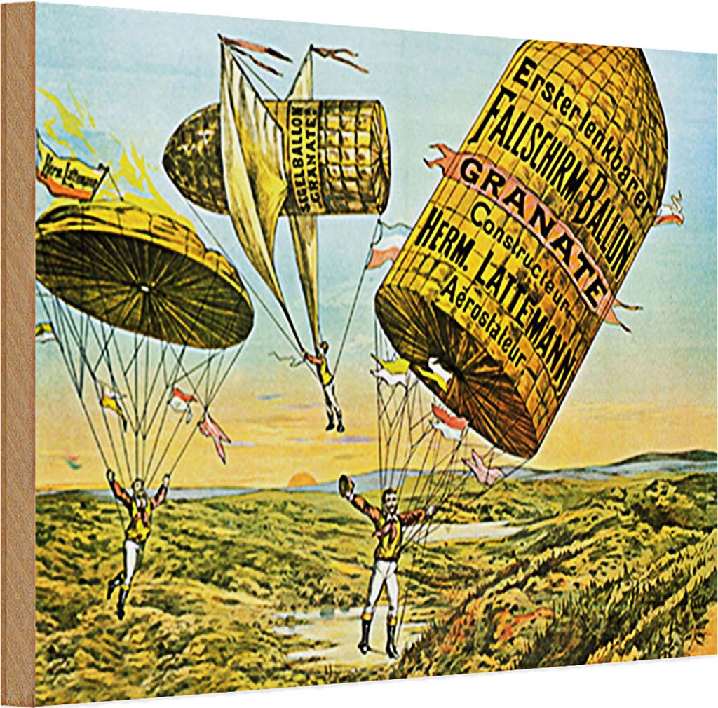 Holzschild Retro 30x20cm Fallschirm erste lenkbarer Ballon