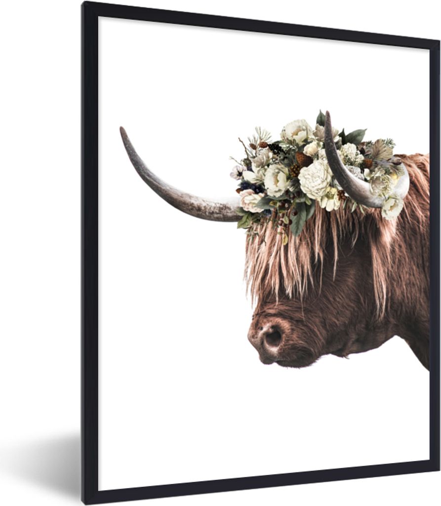 MuchoWow Gerahmtes Poster Schottischer Highlander - Blumenkranz - Weiß 60x80 cm - Poster mit Schwarzem Bilderrahmen Wandposter Rahmen Foto Bilde...