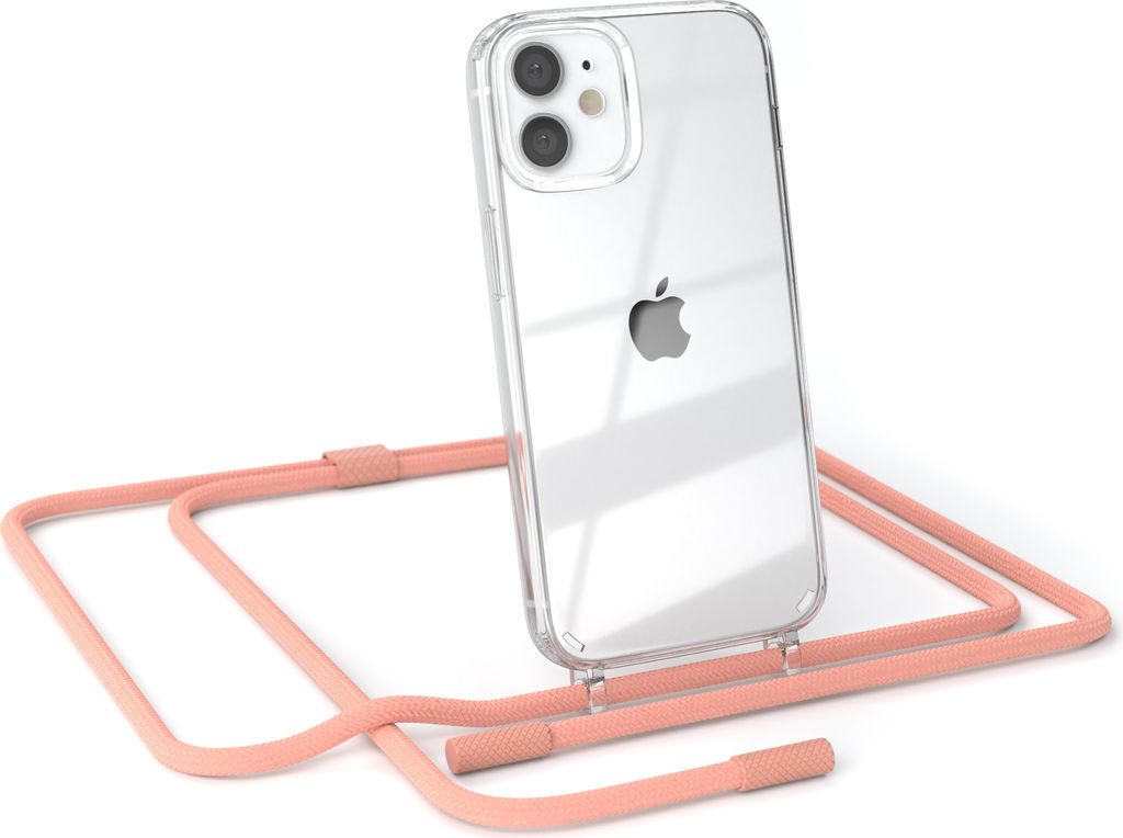 EAZY CASE Handykette für Apple iPhone 12 Mini, Clear Case aus Silikon, mit Umhängeband, abnehmbare Endstücke, Handyband in Rosa