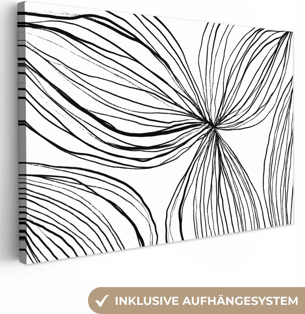MuchoWow - Leinwandbilder - Kunst - Linien - Weiß - Schwarz, Wandbild, Wanddeko Bilder Wohnzimmer, 120x80 cm