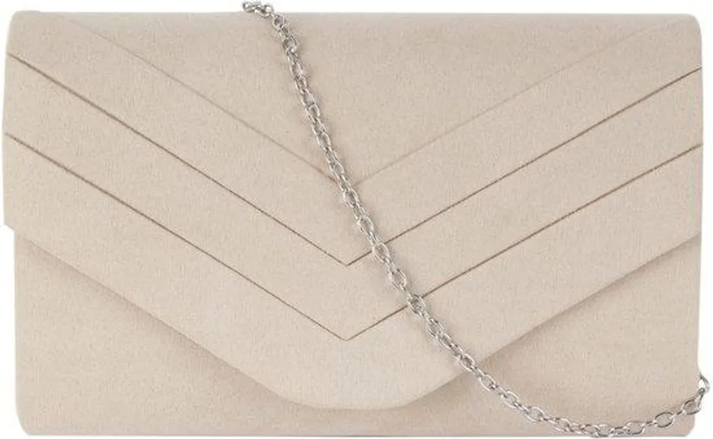 Sac à main beige en daim pour mariage et soirées avec bandoulière chaîne