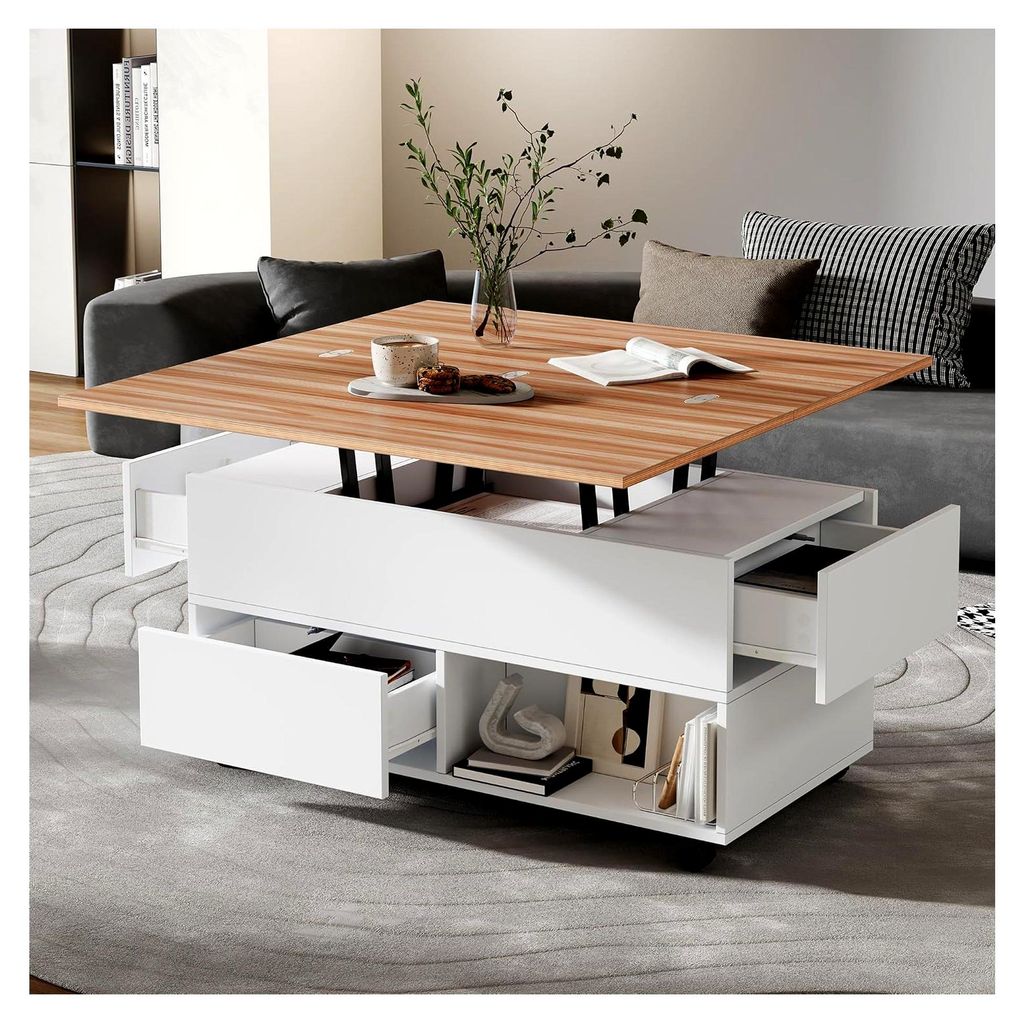 Couchtisch 100x50x52cm mit 4 Rollen, multifunktionaler Wohnzimmertisch mit 4 Schubladen, anhebbarer Kaffeetisch, höhenverstellbarer Sofatisch, Bei...