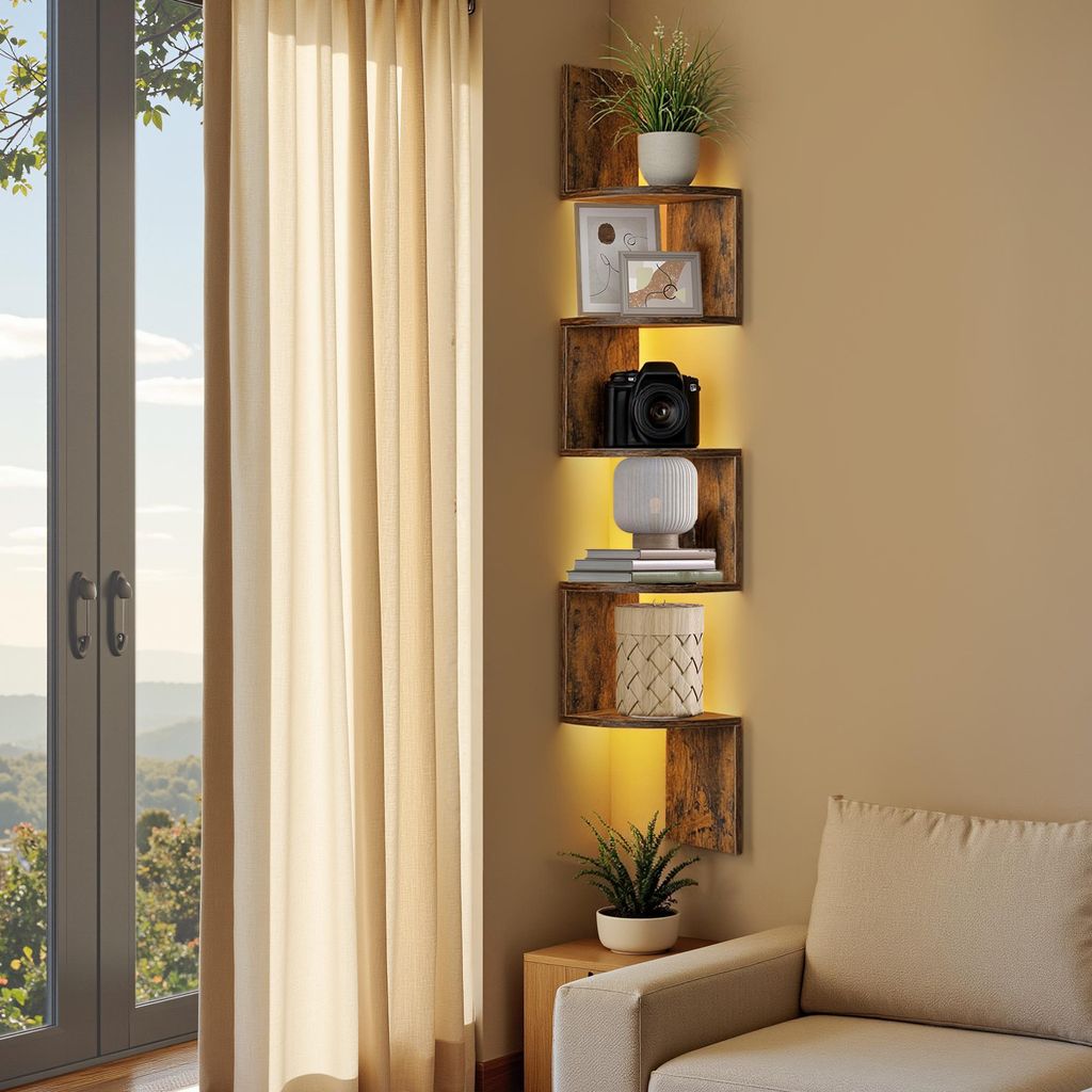 VASAGLE Eckregal mit LED-Beleuchtung, Wandregal 5 Ebenen, Schweberegal für Bücher, Bücherregal, Pflanzenregal für Schlafzimmer, Wohnzimmer, Bad...