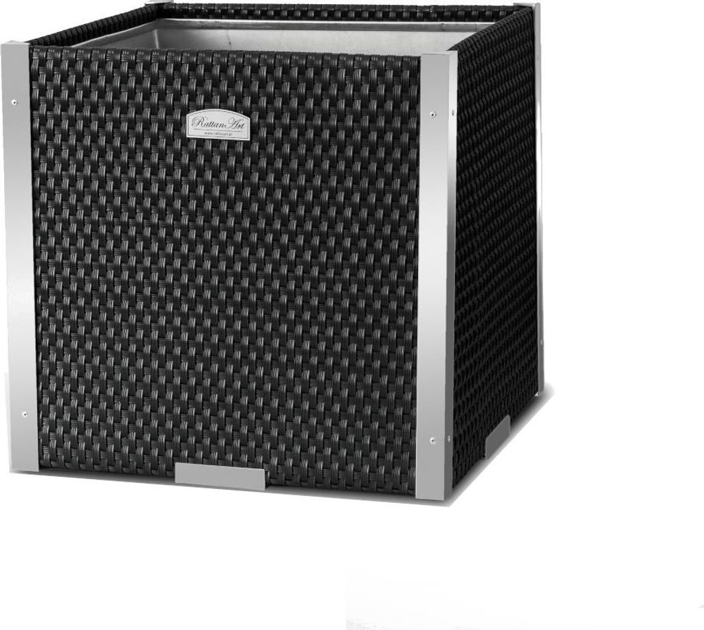 Rattan Pflanzenkübel quadratisch mit Schmuckleiste aus Alu 46 x 46 x 46 cm Schwarz