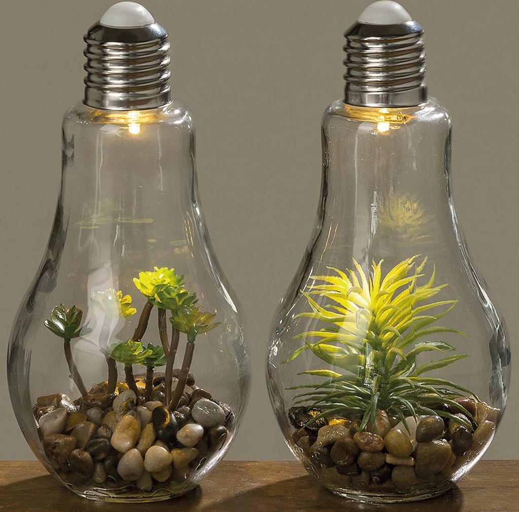 LED Tischleuchte mit Pflanze Ø 11 cm H 23 cm Glas 2-er Set Produktbild 