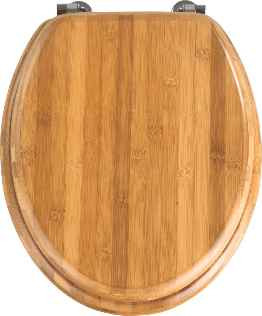 A top-down view of a wooden toilet seat.