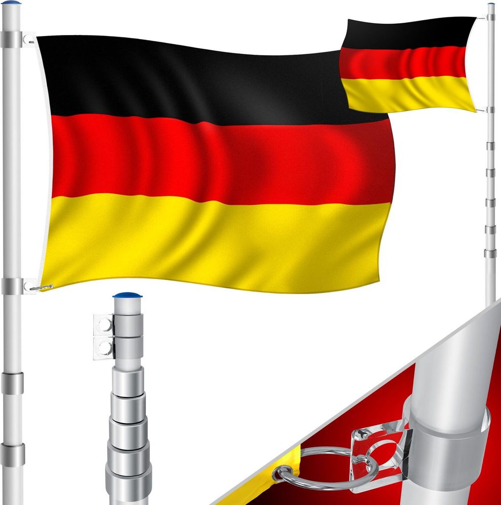 KESSER Teleskop Fahnenmast Aluminium 6,30m Bodenhülse 60cm inkl Deutschlandfahne Höhenverstellbar Flaggenmast Mast Deutschland Flagge Alu