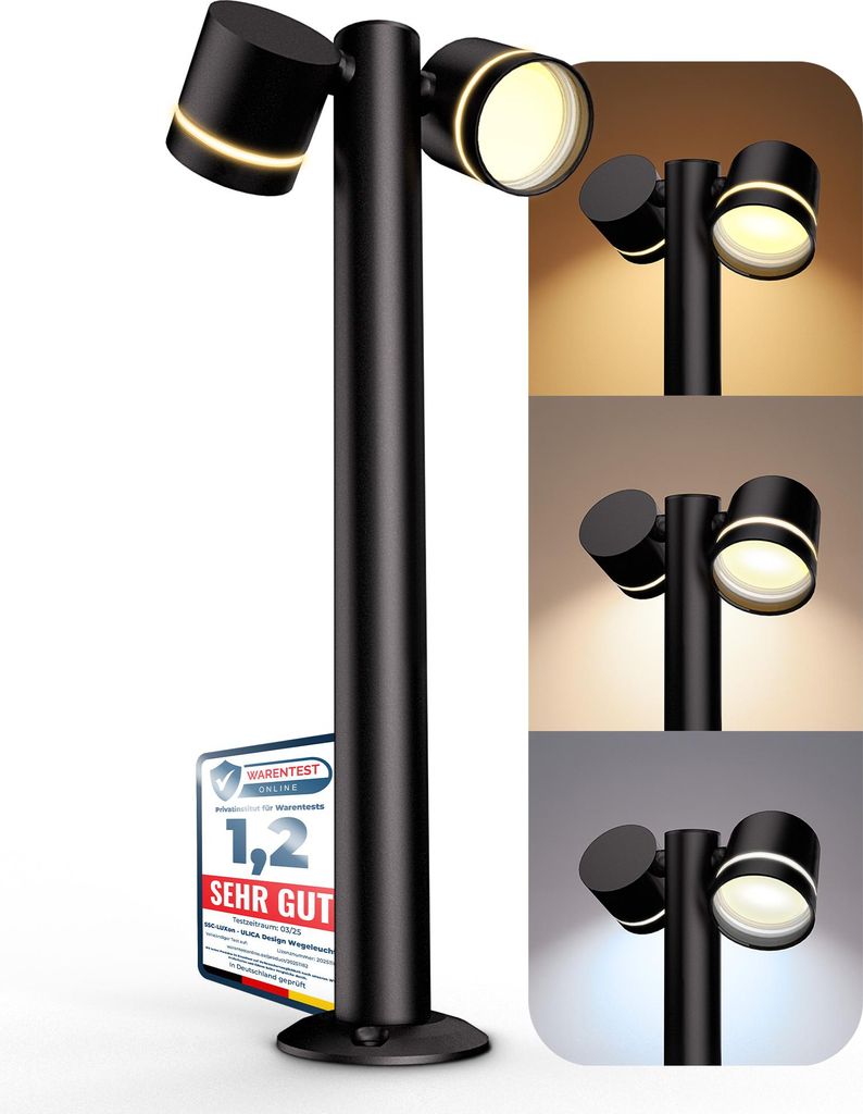SSC-LUXon ULICA Outdoor Standleuchte schwarz IP54 - 2x LED GX53 3W warmweiß - schwenkbare Pollerlampe Garten & Terrasse 230V 3W