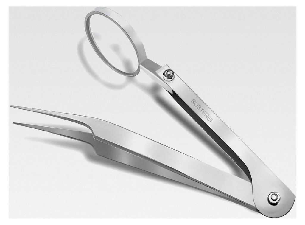 Pinzette mit Lupe und Vergrößerungsfunktion aus Edelstahl - Rostfrei - Silber - 12 cm - 2-fache und 4-fache Vergrößerung
