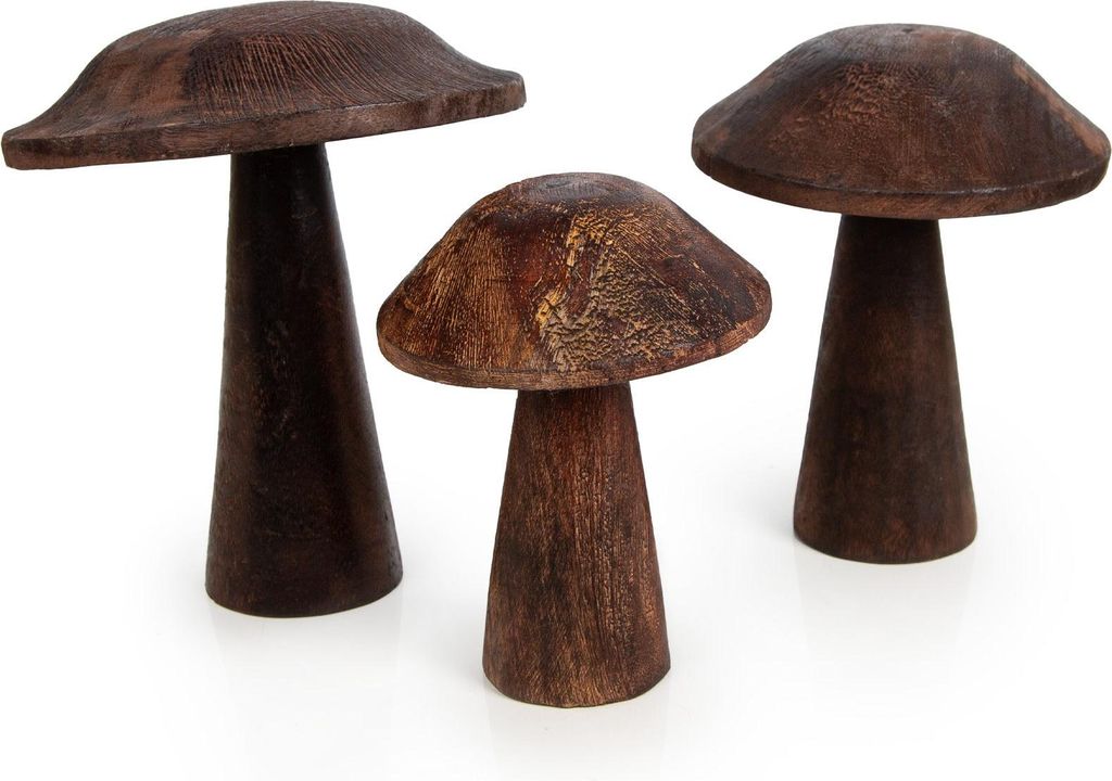 3 Pilze Figuren aus Holz - Herbst Dekoration dunkelbraun 13-18 cm