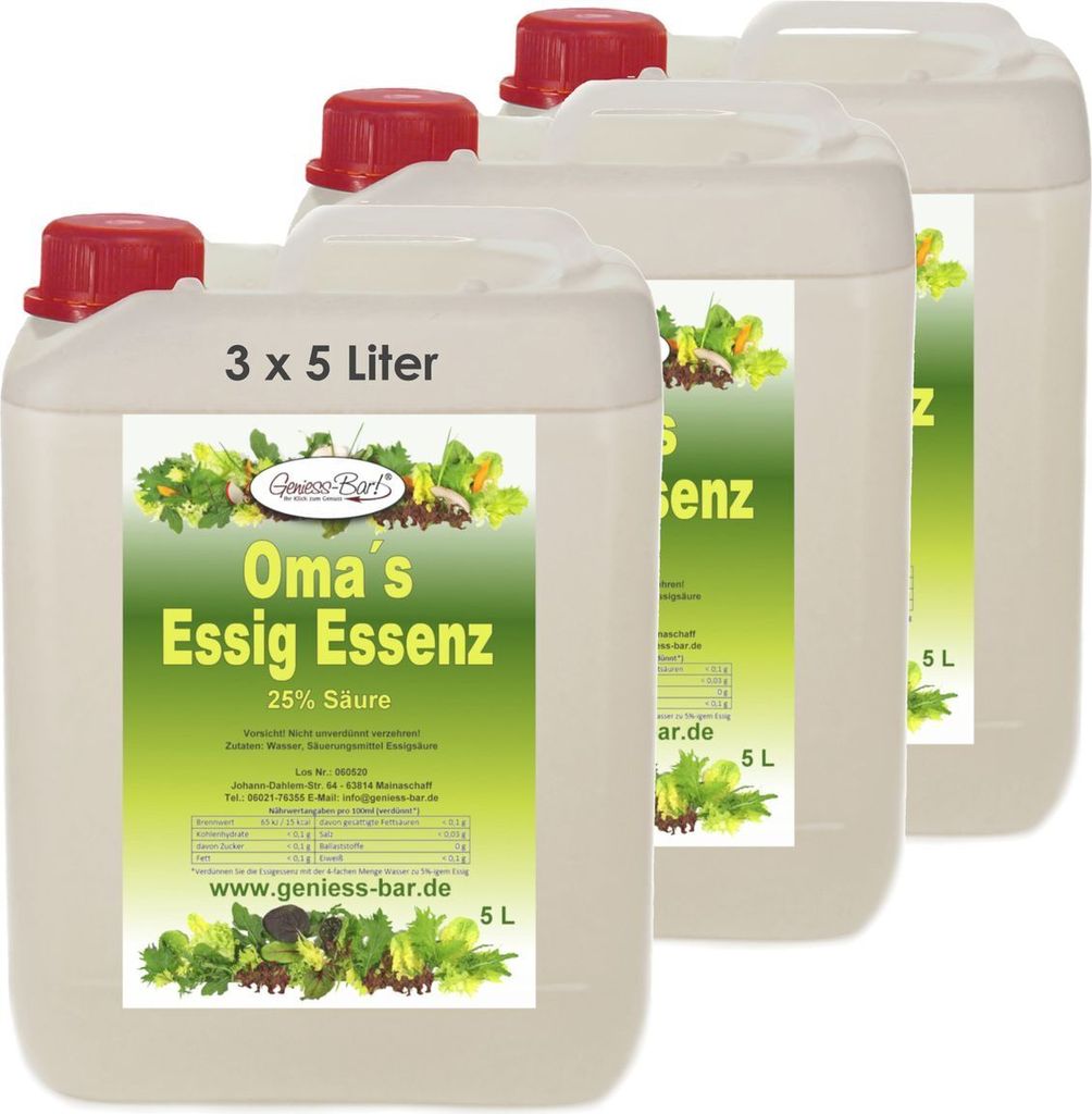 3x 5L Oma`s Essigessenz 25% Säure Unser Geschmackssieger für die gute Küche & Haushalt / Entkalken / Reinigen ohne Chemie mit Essig Essenz