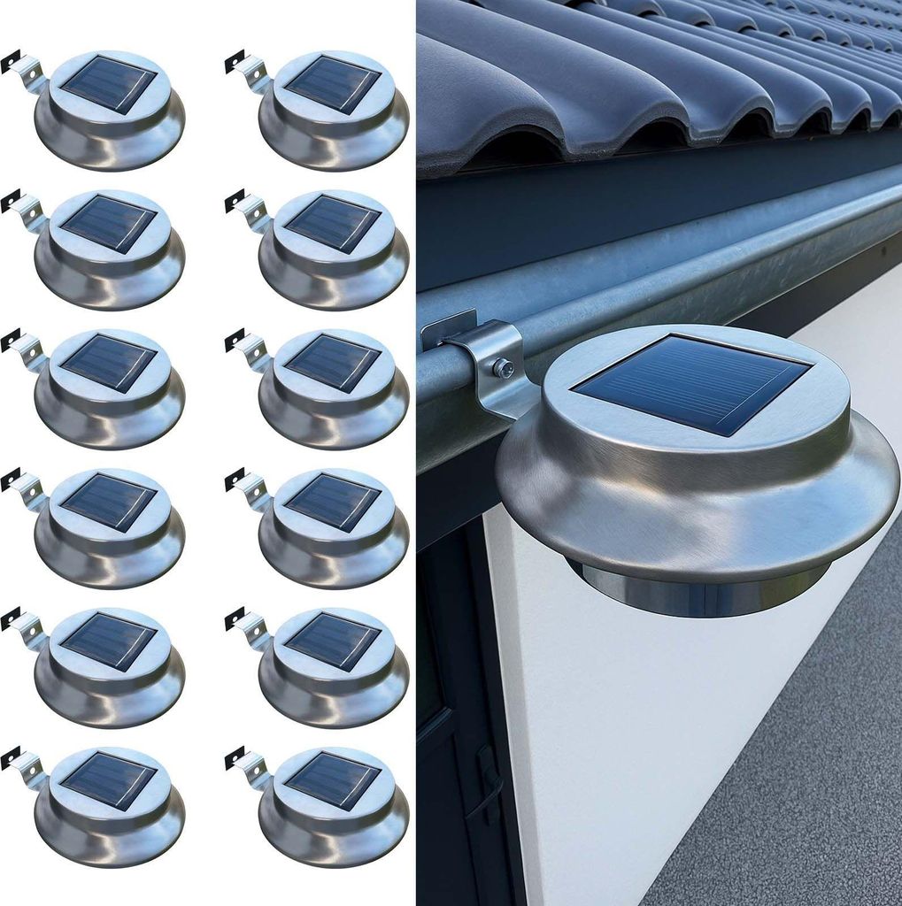 BURI Solar Edelstahl Dachrinnenleuchten 3-24 Stück | Außenleuchte LED Warmweiß | Solarleuchten wetterfest IP44 | Gartenbeleuchtung kabellos mit ...